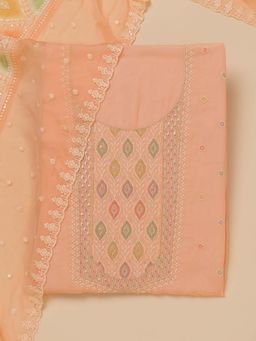 Koskii - Peach Thread Work Georgette Unstitched Kurta and Unstitched Bottom with Dupatta (Set of 3)