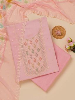 Koskii - Pink Thread Work Georgette Unstitched Kurta and Unstitched Bottom with Dupatta (Set of 3)
