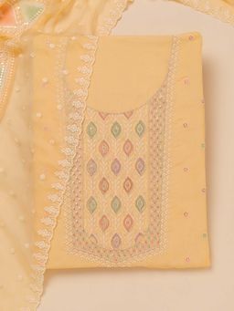 Koskii - Mustard Thread Work Unstitched Kurta and Unstitched Bottom with Dupatta (Set of 3)
