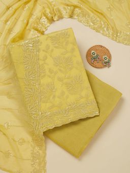 Koskii - Parrot Green Embroidered Unstitched Kurta and Unstitched Bottom with Dupatta (Set of 3)