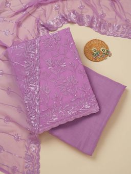 Koskii - Pink Thread Work Organza Unstitched Kurta and Unstitched Bottom with Dupatta (Set of 3)