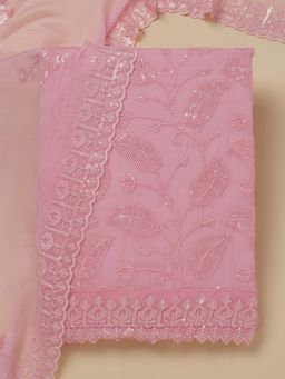 Koskii - Pink Thread Work Organza Unstitched Kurta and Unstitched Bottom with Dupatta (Set of 3)