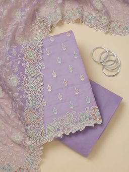Koskii - Lavender Thread Work Organza Unstitched Kurta and Unstitched Bottom with Dupatta (Set of 3)