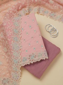 Koskii - Pink Thread Work Organza Unstitched Kurta and Unstitched Bottom with Dupatta (Set of 3)