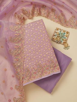 Koskii - Lavender Thread Work Organza Unstitched Kurta and Unstitched Bottom with Dupatta (Set of 3)