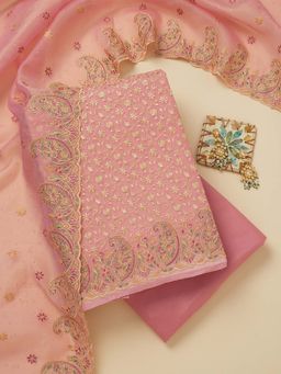 Koskii - Pink Thread Work Organza Unstitched Kurta and Unstitched Bottom with Dupatta (Set of 3)