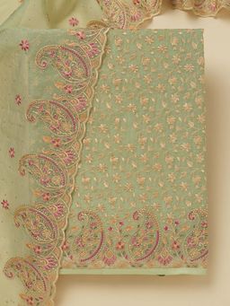 Koskii - Pista Green Thread Work Unstitched Kurta and Unstitched Bottom with Dupatta (Set of 3)