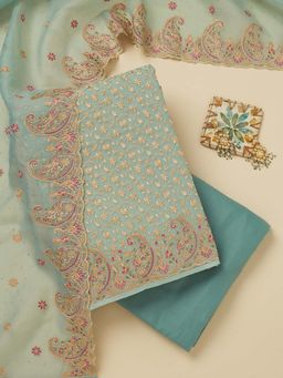 Koskii - Sky Blue Thread Work Organza Unstitched Kurta and Unstitched Bottom with Dupatta (Set of 3)