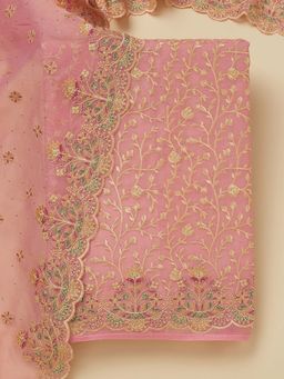 Koskii - Pink Thread Work Organza Unstitched Kurta and Unstitched Bottom with Dupatta (Set of 3)