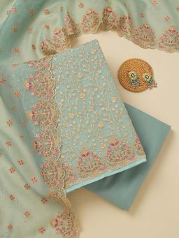 Koskii - Sky Blue Thread Work Organza Unstitched Kurta and Unstitched Bottom with Dupatta (Set of 3)