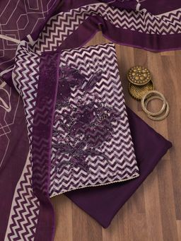 Koskii - Wine Printed Semi Crepe Unstitched Kurta and Unstitched Bottom with Dupatta (Set of 3)