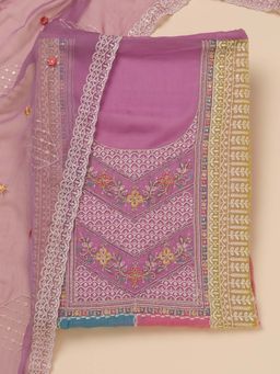 Koskii - Lavender Thread Work Organza Unstitched Kurta and Unstitched Bottom with Dupatta (Set of 3)