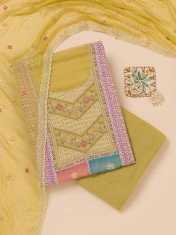 Koskii - Mehendi Thread Work Organza Unstitched Kurta and Unstitched Bottom with Dupatta (Set of 3)