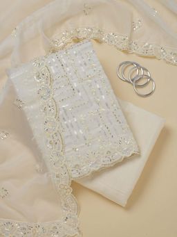 Koskii - Cream Embellished Organza Unstitched Kurta and Unstitched Bottom with Dupatta (Set of 3)