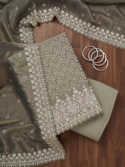 Koskii - Grey Zari Semi Crepe Unstitched Kurta and Unstitched Bottom with Dupatta (Set of 3)
