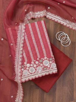 Koskii - Rust Embroidered Tissue Unstitched Kurta and Unstitched Bottom with Dupatta (Set of 3)