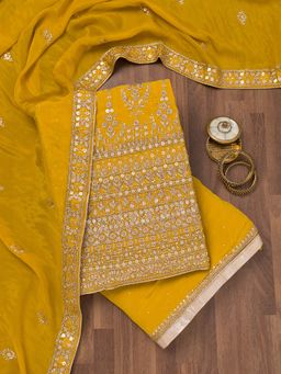 Koskii - Mustard Embellished Crepe Unstitched Kurta and Unstitched Bottom with Dupatta (Set of 3)