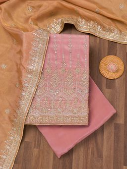 Koskii - Onion Pink Zari Semi Crepe Unstitched Kurta and Unstitched Bottom with Dupatta (Set of 3)