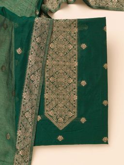 Koskii - Bottle Green Zari Soft Silk Unstitched Kurta and Unstitched Bottom with Dupatta (Set of 3)