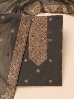 Koskii - Grey Zari Soft Silk Unstitched Kurta and Unstitched Bottom with Dupatta (Set of 3)