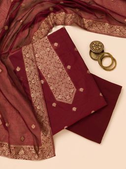 Koskii - Maroon Zari Soft Silk Unstitched Kurta and Unstitched Bottom with Dupatta (Set of 3)