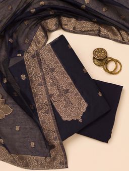Koskii - Navy Blue Zari Soft Silk Unstitched Kurta and Unstitched Bottom with Dupatta (Set of 3)