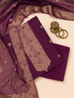 Koskii - Wine Zari Soft Silk Unstitched Kurta and Unstitched Bottom with Dupatta (Set of 3)