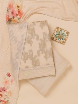 Koskii - Beige Zari Georgette Unstitched Kurta and Unstitched Bottom with Dupatta (Set of 3)
