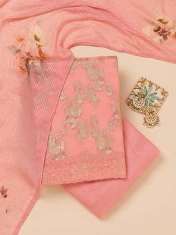 Koskii - Peach Zari Georgette Unstitched Kurta and Unstitched Bottom with Dupatta (Set of 3)