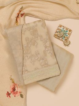 Koskii - Cream Zari Georgette Unstitched Kurta and Unstitched Bottom with Dupatta (Set of 3)