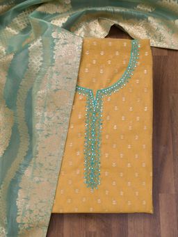 Koskii - Mustard Zari Banarasi Unstitched Kurta and Unstitched Bottom with Dupatta (Set of 3)
