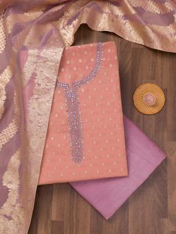 Koskii - Peach Zari Banarasi Unstitched Kurta and Unstitched Bottom with Dupatta (Set of 3)
