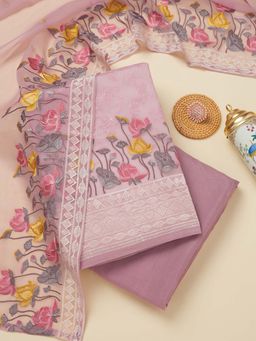 Koskii - Lavender Thread Work Organza Unstitched Kurta and Unstitched Bottom with Dupatta (Set of 3)