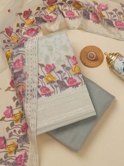 Koskii - Off White Thread Work Organza Unstitched Kurta and Unstitched Bottom with Dupatta (Set of 3)