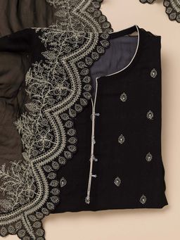 Koskii - Black Zari Semi Crepe Unstitched Kurta and Unstitched Bottom with Dupatta (Set of 3)