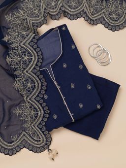 Koskii - Navy Blue Zari Semi Crepe Unstitched Kurta and Unstitched Bottom with Dupatta (Set of 3)