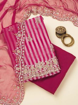 Koskii - Rani Pink Stripes Unstitched Kurta and Unstitched Bottom with Dupatta (Set of 3)