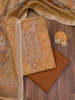 Koskii - Mehendi Printed Raw Silk Unstitched Kurta and Unstitched Bottom with Dupatta (Set of 3)