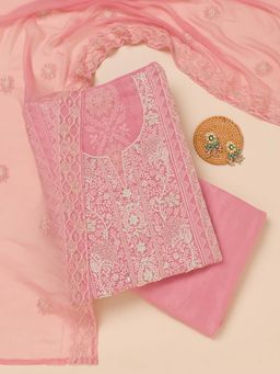 Koskii - Pink Chikankari Georgette Unstitched Kurta and Unstitched Bottom with Dupatta (Set of 3)