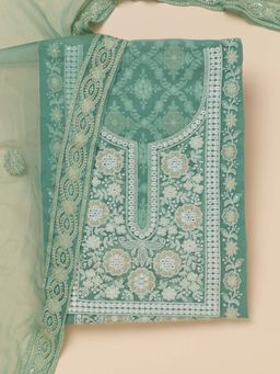 Koskii - Sea Green Chikankari Unstitched Kurta and Unstitched Bottom with Dupatta (Set of 3)