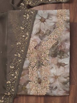 Koskii - Mehendi Floral Tissue Unstitched Kurta and Unstitched Bottom with Dupatta (Set of 3)