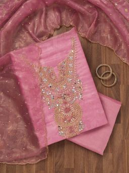 Koskii - Onion Pink Tissue Unstitched Kurta and Unstitched Bottom with Dupatta (Set of 3)