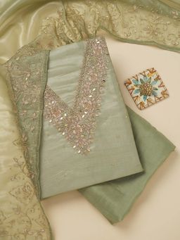 Koskii - Pista Green Zari Tissue Unstitched Kurta and Unstitched Bottom with Dupatta (Set of 3)
