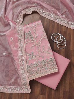 Koskii - Baby Pink Zari Semi Crepe Unstitched Kurta and Unstitched Bottom with Dupatta (Set of 3)