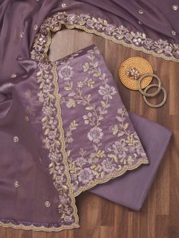 Koskii - Lavender Zari Semi Crepe Unstitched Kurta and Unstitched Bottom with Dupatta (Set of 3)