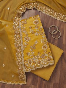 Koskii - Mustard Zari Semi Crepe Unstitched Kurta and Unstitched Bottom with Dupatta (Set of 3)