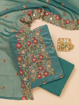 Koskii - Peacock Blue Zari Unstitched Kurta and Unstitched Bottom with Dupatta (Set of 3)