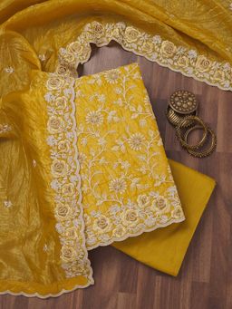 Koskii - Mustard Thread Work Unstitched Kurta and Unstitched Bottom with Dupatta (Set of 3)