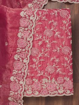 Koskii - Pink Thread Work Semi Crepe Unstitched Kurta and Unstitched Bottom with Dupatta (Set of 3)