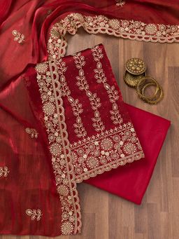 Koskii - Maroon Zari Semi Crepe Unstitched Kurta and Unstitched Bottom with Dupatta (Set of 3)